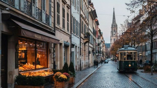 Evening street in a German city with a bakery window, a vintage tram and a cathedral spire
